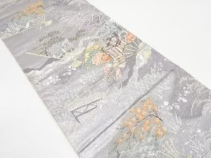 扇に御所車・草花模様織り出し　袋帯